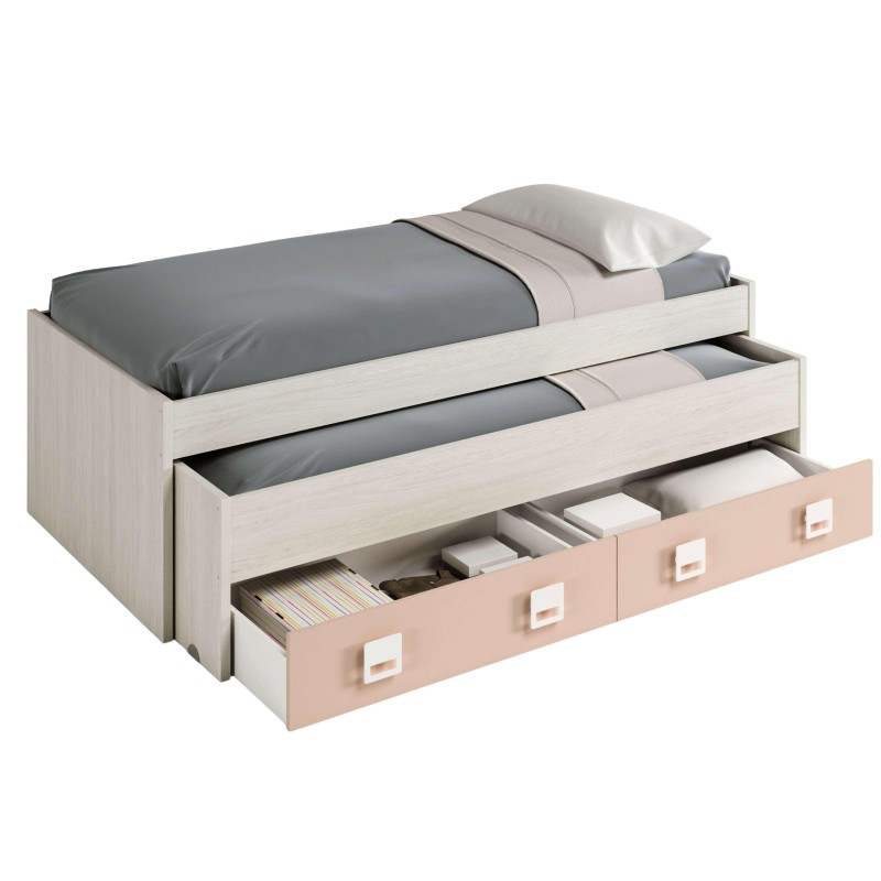 Cama compacta triple con estructura en madera clara y cajones de almacenamiento inferiores en tonos beige y blanco
