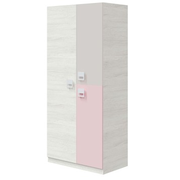 Armario infantil de madera clara y frente rosa con tres puertas y tiradores blancos cuadrados