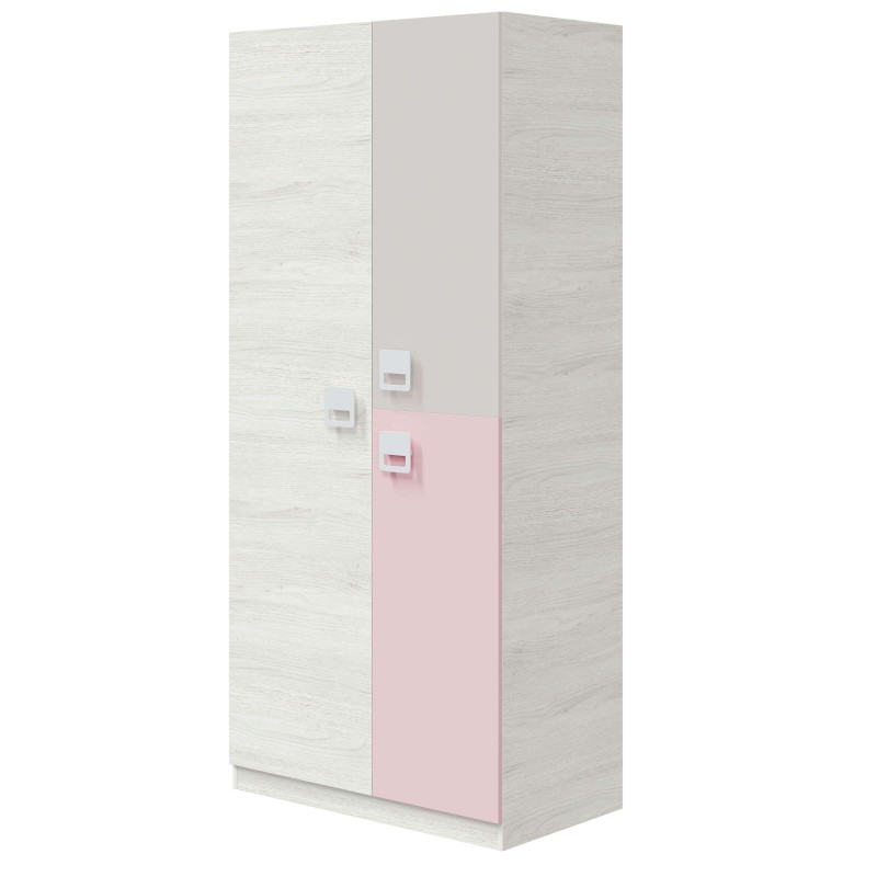Armario infantil de madera clara y frente rosa con tres puertas y tiradores blancos cuadrados
