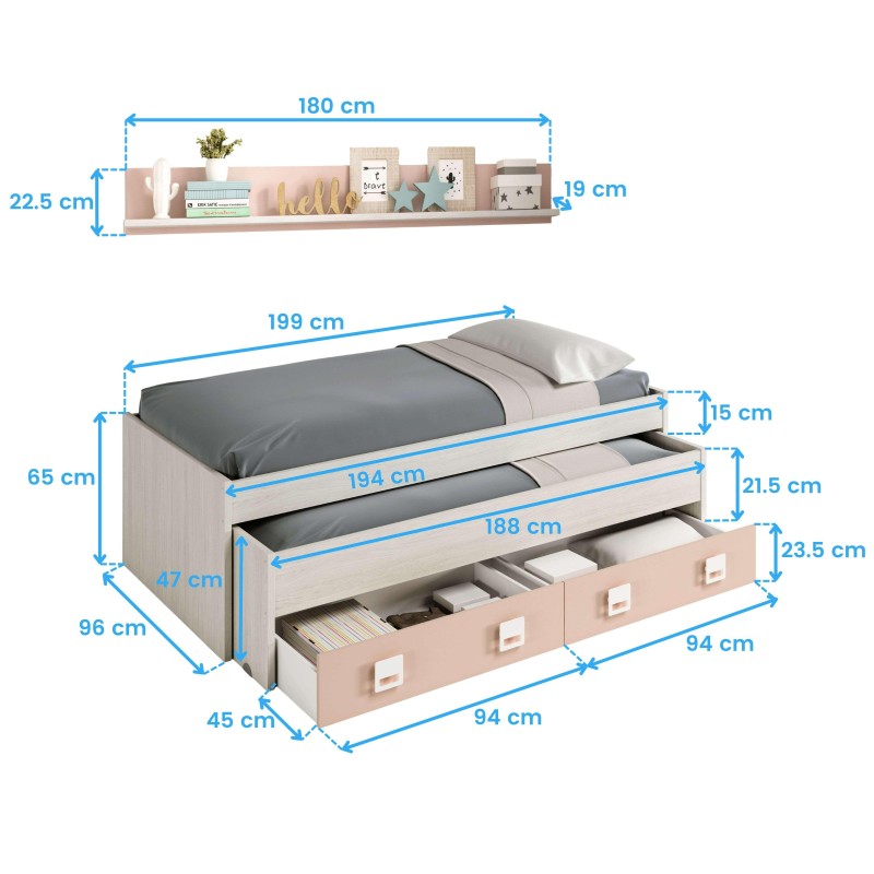 Cama nido madera clara con colchón gris y cajones almacenaje en base rosa con medidas técnicas