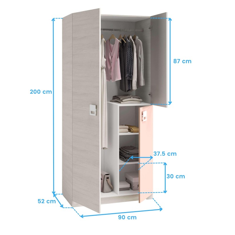 Armario modular gris claro y rosa con barra de colgar y estantes abiertos para ropa y accesorios