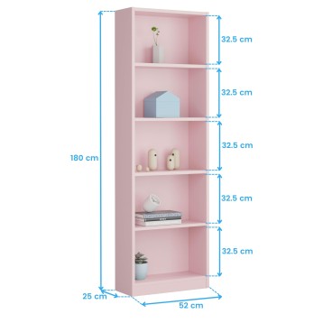 Estantería vertical rosa con 6 compartimentos y bordes blancos para almacenamiento y decoración
