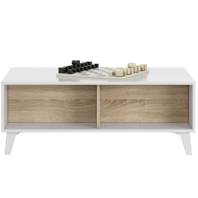Mueble TV blanco con frentes en madera natural y patas de madera con tablero superior blanco decorado con ajedrez