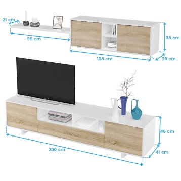 Mueble TV blanco con puertas y estantes en roble y estantería flotante superior a juego con decoración