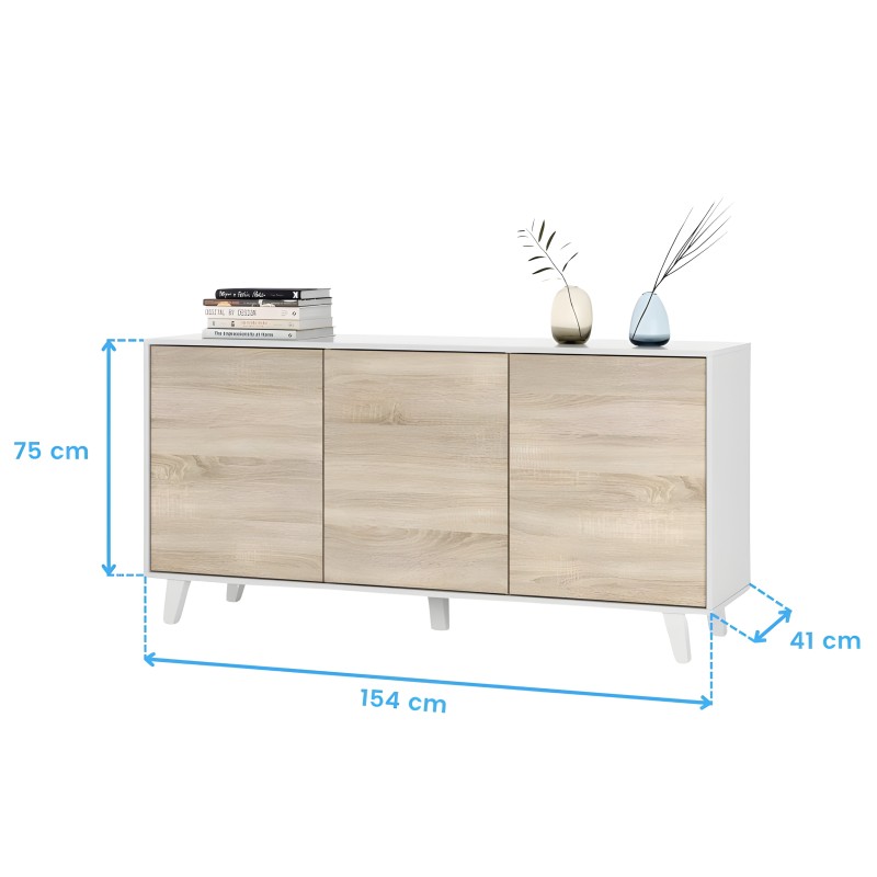 Aparador con tres puertas en madera clara y estructura blanca con patas de madera y superficie superior decorada