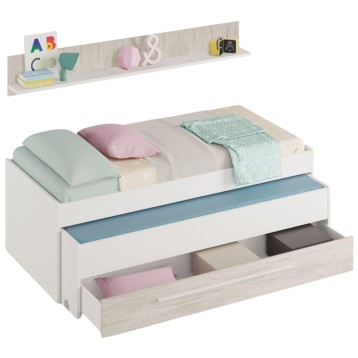 Cama individual blanca con cajones de almacenamiento y estante mural para dormitorio infantil