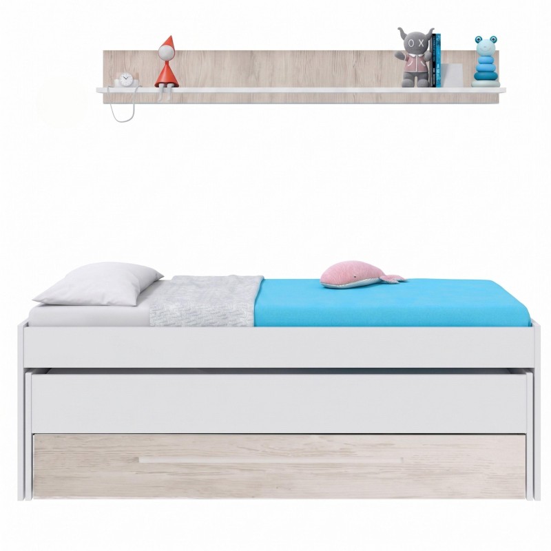 Cama infantil blanca con cajones y estante de madera vista en ambiente con ropa de cama azul y accesorios de decoración
