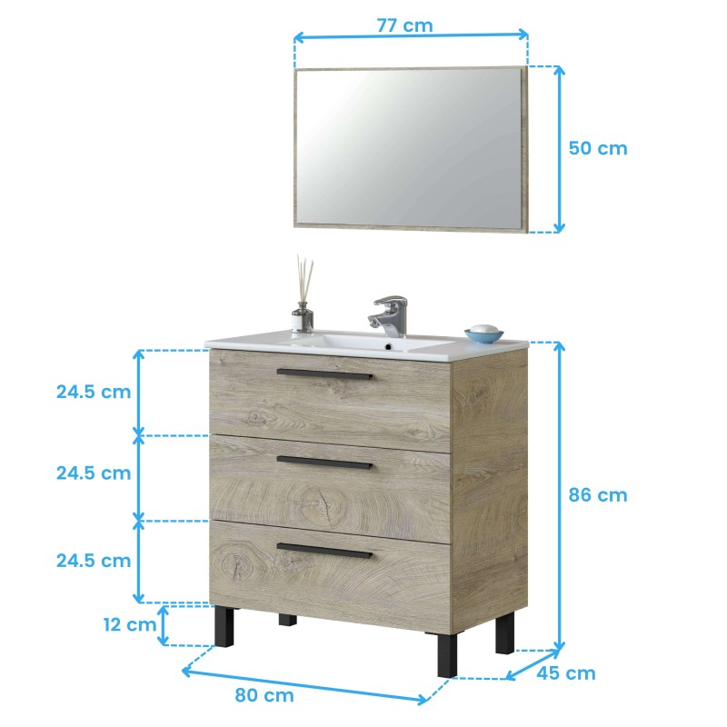 Mueble de baño con lavabo blanco y tres cajones en acabado madera clara con espejo rectangular gris y grifería cromada