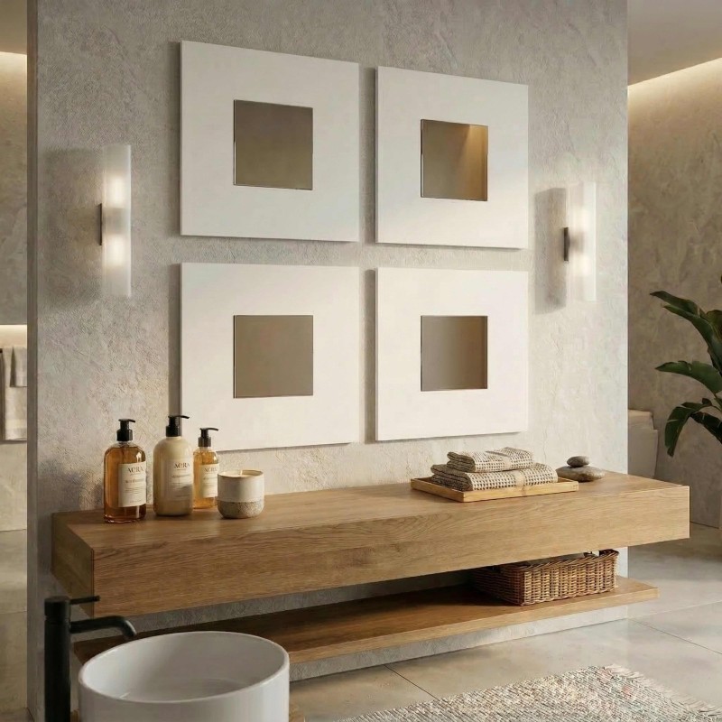 Mueble de baño suspendido en madera clara con espejo integrado y estantes abiertos en ambiente moderno minimalista