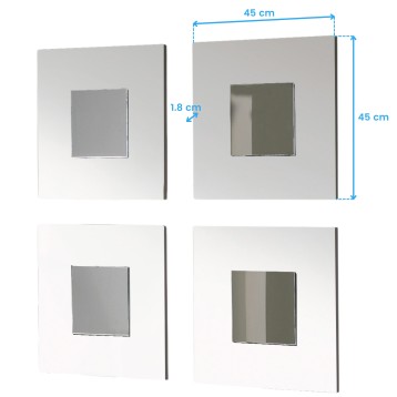 Espejo cuadrado con marco blanco y borde gris de 45x45 cm visto desde diferentes ángulos y profundidades