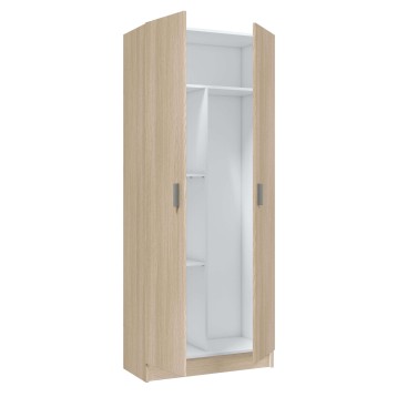 Armario de dos puertas abatibles en madera clara con interior blanco y estantes ajustables