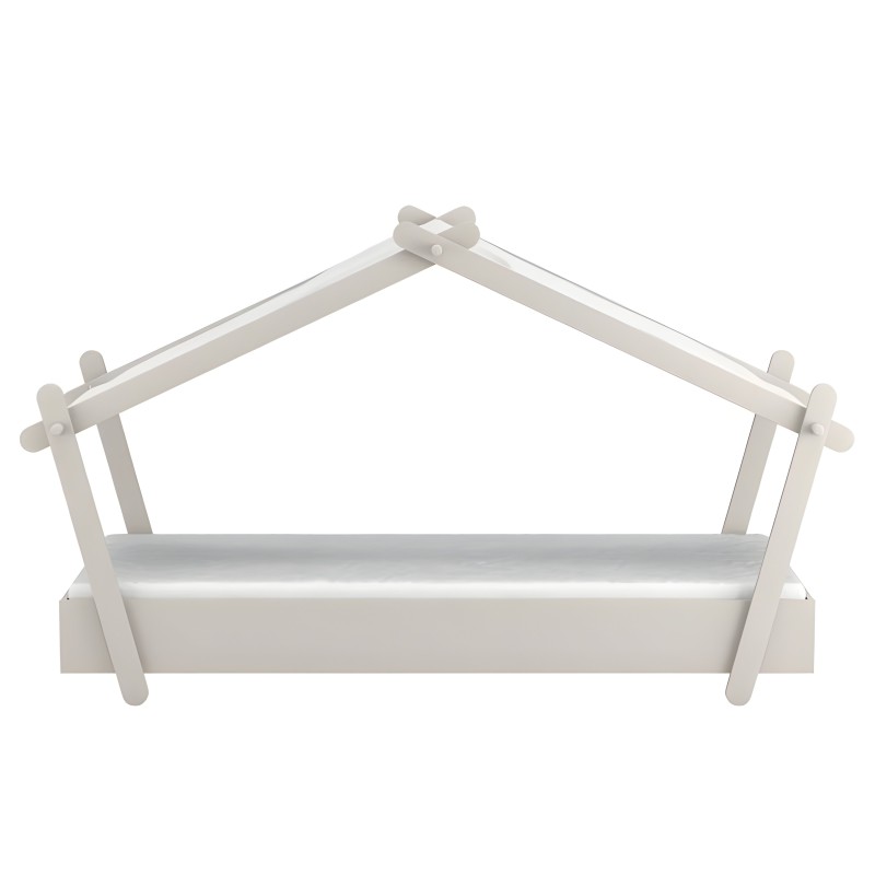 Cama infantil con forma de casita y estructura blanca de madera con barandillas laterales