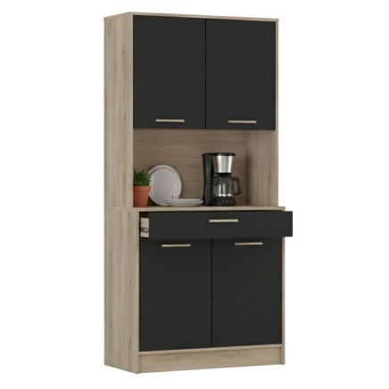 Alacena de cocina con estructura en madera clara y puertas negras con estantes abiertos y cajón central