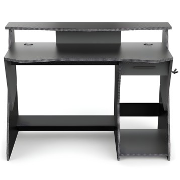 Escritorio gamer gris oscuro con estantes superiores y cajón lateral para computadora y accesorios