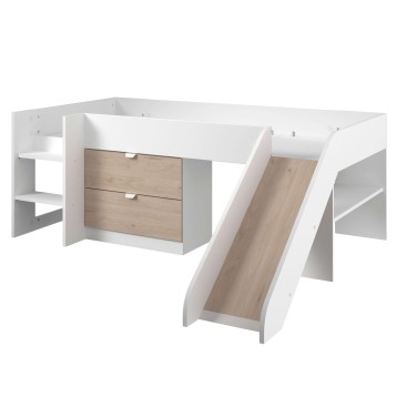 Cama infantil elevada blanco y madera con tobogán integrado y almacenamiento