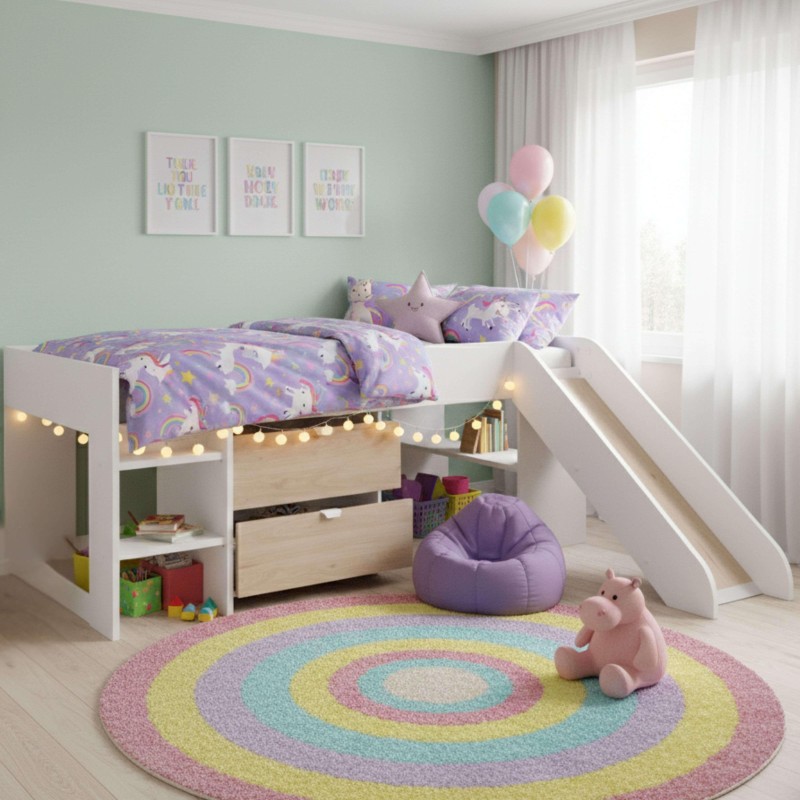 Cama infantil blanca con tobogán integrado y almacenamiento incluido en habitación decorada con temática unicornio
