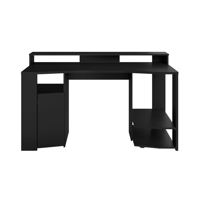 Escritorio negro con estantes y compartimentos de almacenamiento integrados en estructura moderna