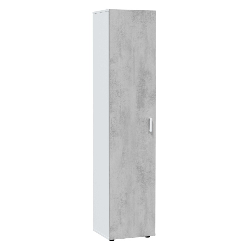 Armario alto estrecho con frente efecto cemento gris y lateral blanco puerta abatible y tirador metálico