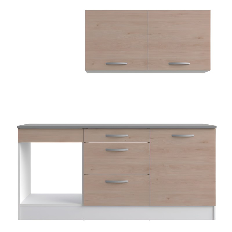 Mueble de cocina modular en madera clara con dos puertas superiores y módulo inferior con cajones y espacio abierto y tiradores 