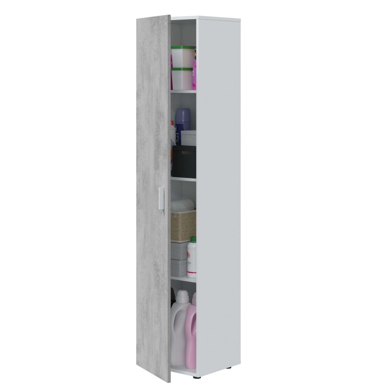 Armario columna alto de madera gris claro con puerta abierta y estantes con productos de limpieza y almacenamiento