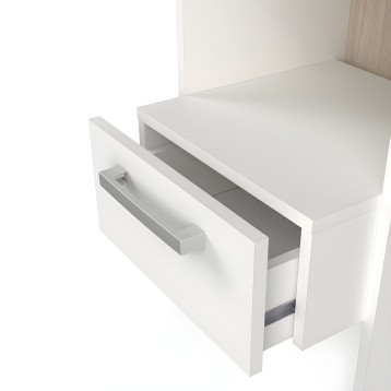 Cabecero blanco con dos cajones abiertos y tirador metalizado en vista de detalle funcional