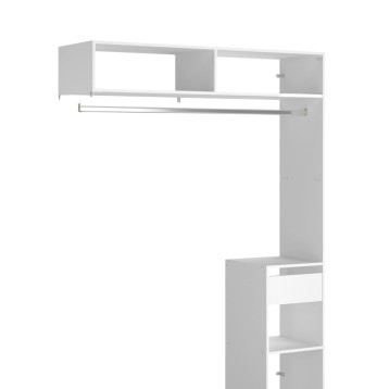 Armario modular blanco y gris con estantes abiertos y barra colgadora horizontal vista lateral