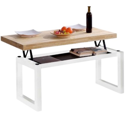 Mesa de centro elevable con tablero de madera natural y base blanca con compartimento de almacenamiento inferior