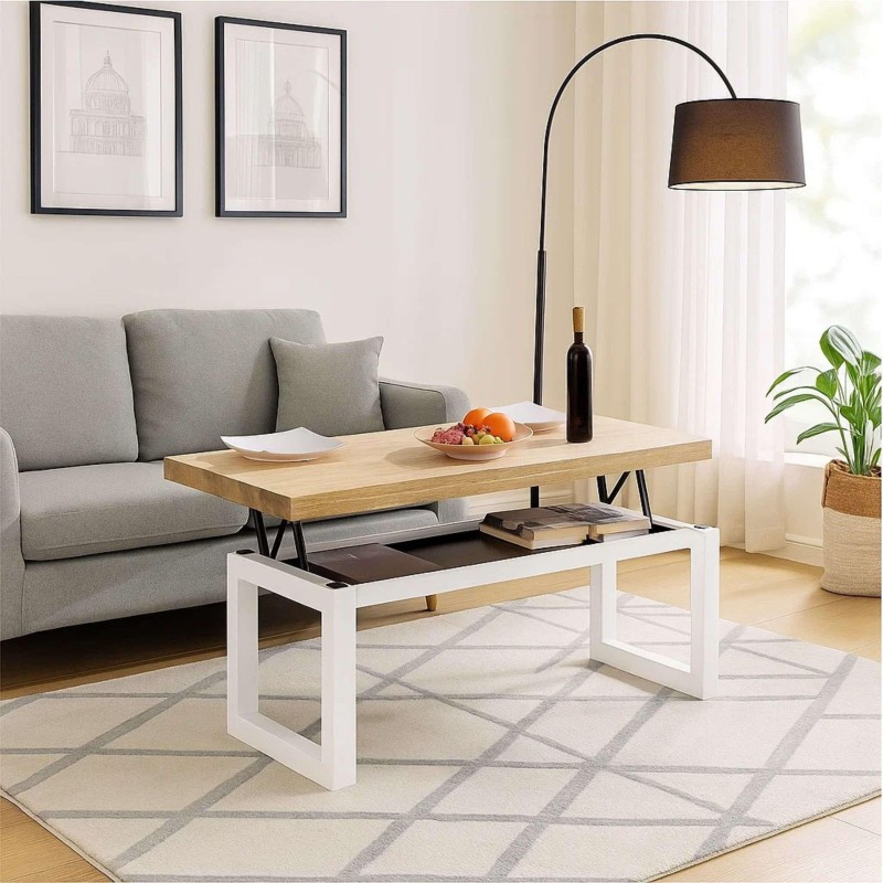 Mesa de centro elevable con tapa en madera natural y base blanca en salón moderno junto a sofá gris