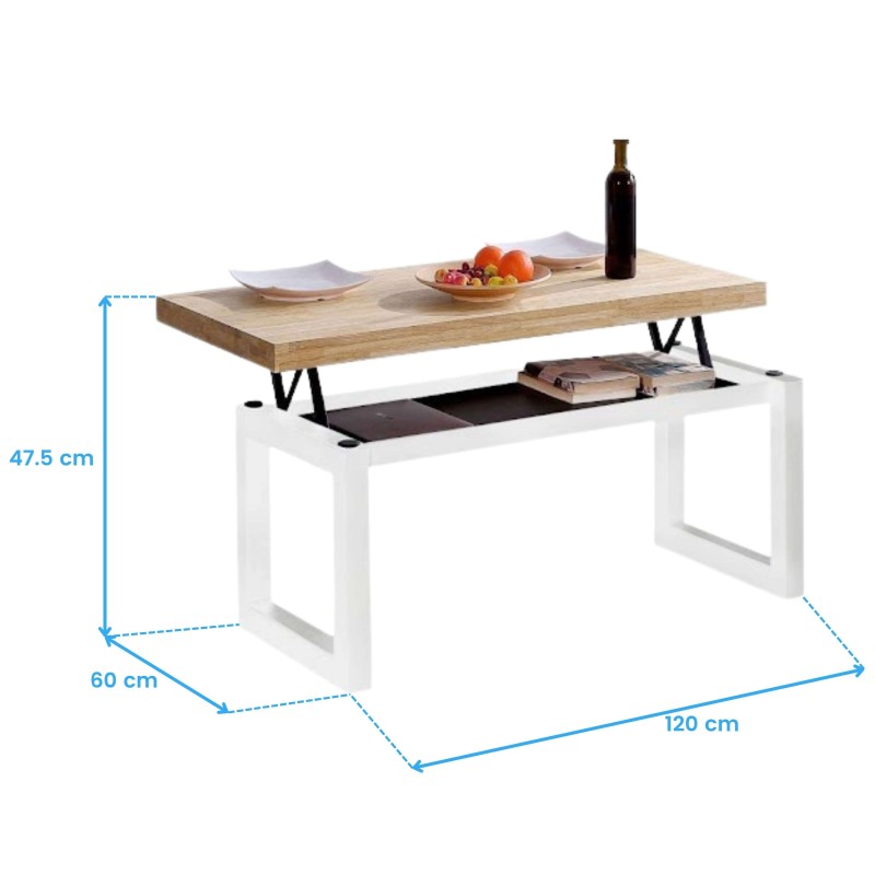 Mesa de centro elevable con tapa de madera natural y estructura blanca con compartimento de almacenaje