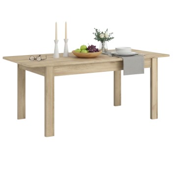 Mesa de comedor rectangular en madera clara con patas rectas y tablero liso para 4-6 comensales