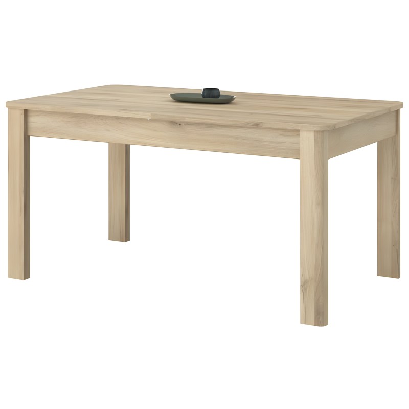 Mesa de comedor rectangular en madera clara con patas macizas y superficie lisa