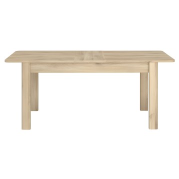 Mesa de comedor rectangular en madera clara con tablero extensible y patas macizas
