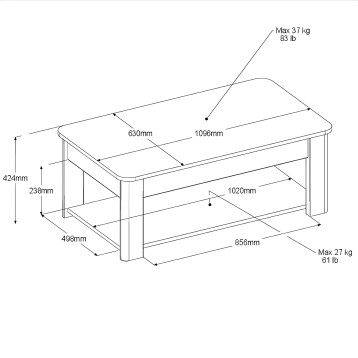 Mesa de cwentro de madera con estante inferior con cotas de dimensiones