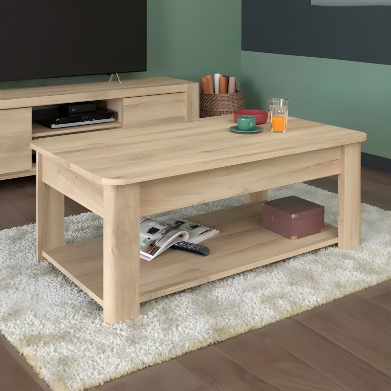 Mesa de centro de madera clara con estante inferior abierto en salón moderno