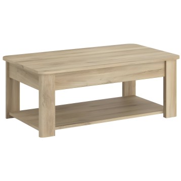 Mesa de centro rectangular en madera clara con estante inferior y patas macizas