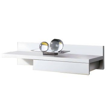 Recibidor blanco con cajones y repisa elevada decorada con esferas de cristal