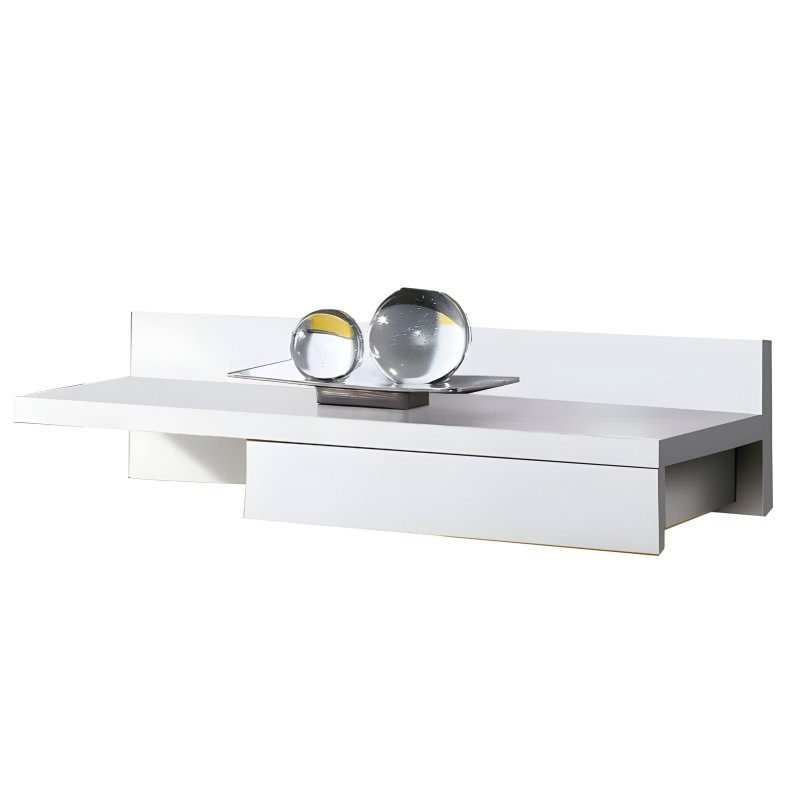 Recibidor blanco con cajones y repisa elevada decorada con esferas de cristal