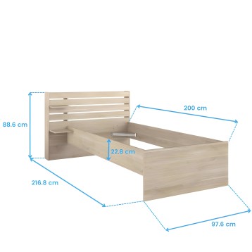 Cama de madera clara con respaldo acolchado y estructura de listones vista en perspectiva