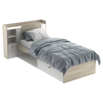Cama individual de madera clara y blanca con cabecero con estantes y cajones de almacenamiento