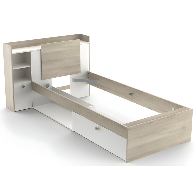 Cama individual con cabecero integrado en madera clara y blanco con cajones de almacenamiento y estantes laterales