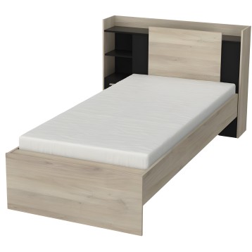 Cama individual con cabecero integrado madera clara y compartimentos negros laterales con estantes