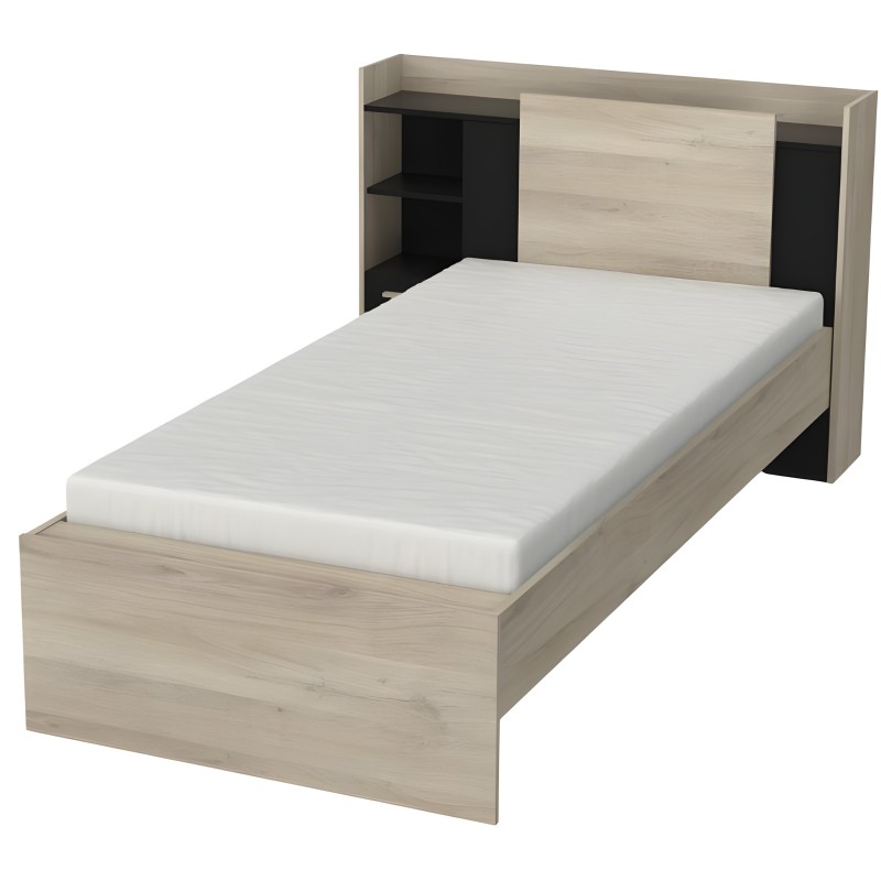 Cama individual con cabecero integrado madera clara y compartimentos negros laterales con estantes