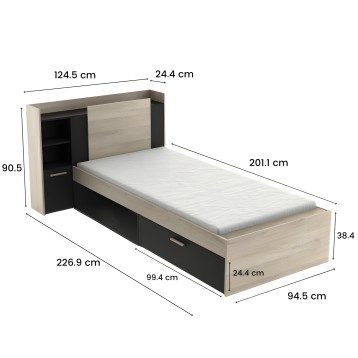 Cama individual con cabecero integrado en madera clara y negro y almacenamiento en lateral y base