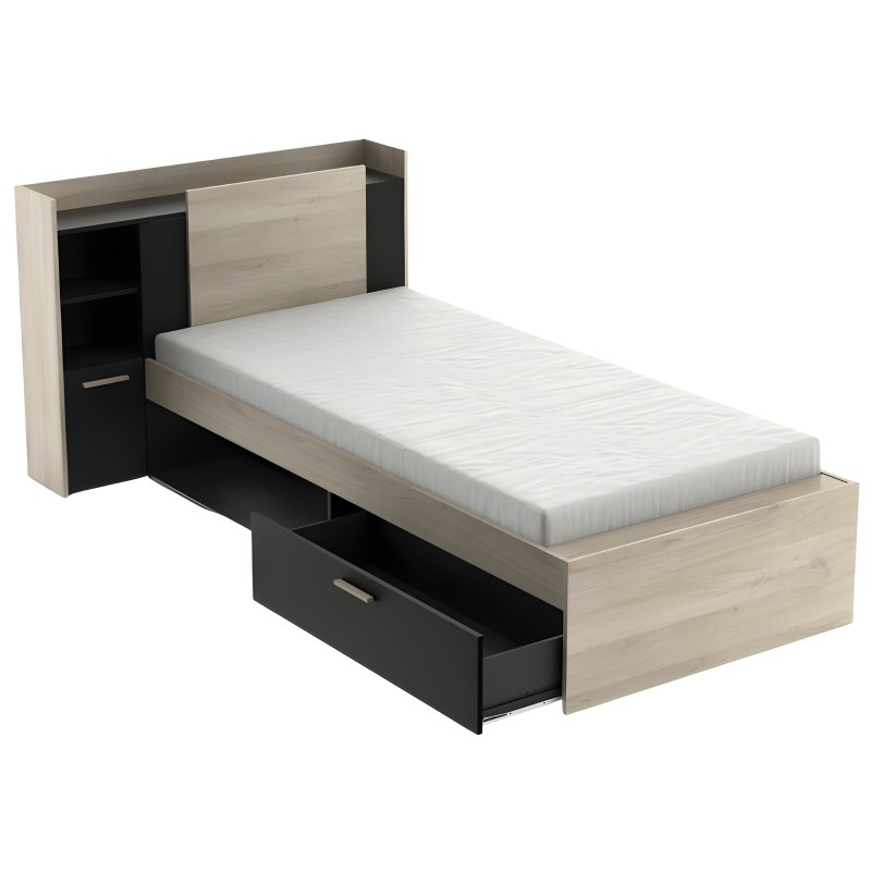 Cama individual con almacenamiento integrado en madera clara y negro con cajonera inferior y cabecero compartimentado