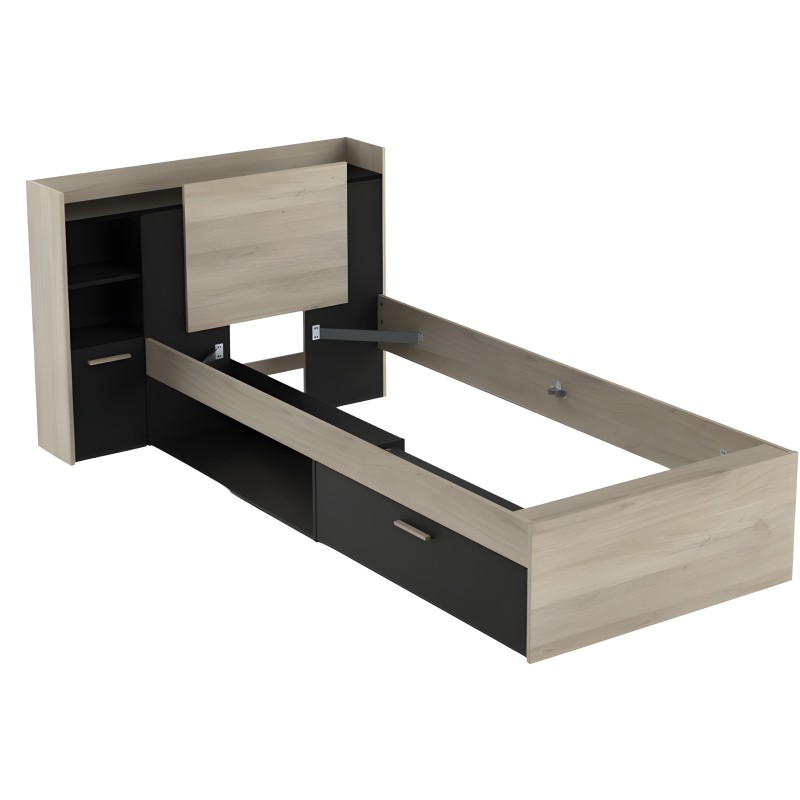 Cama individual con cabecero integrado en madera clara y negro con estantes y cajones de almacenaje vista frontal