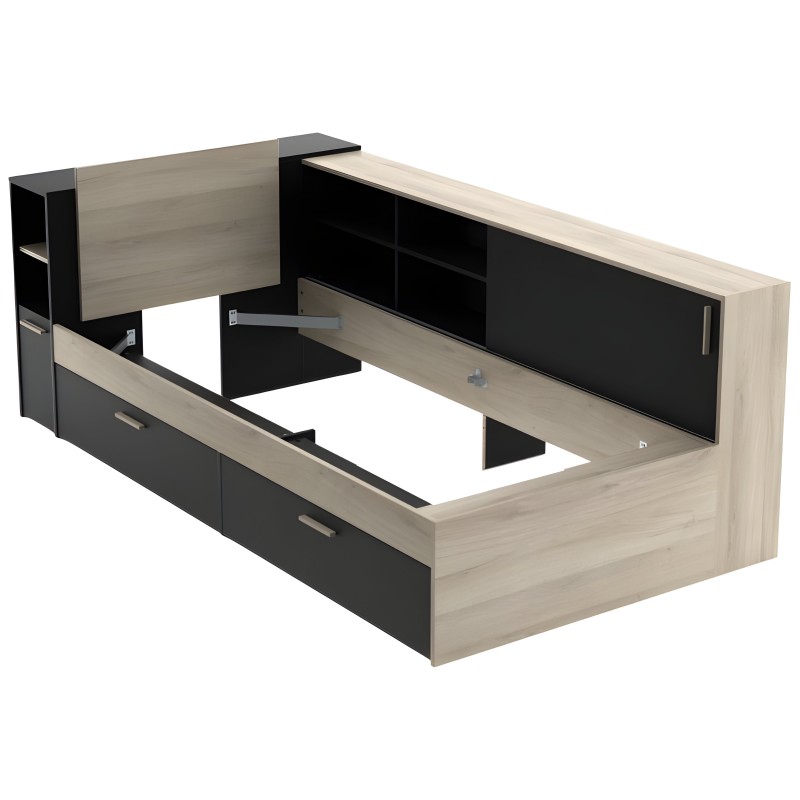 Cama con respaldo integrado y almacenamiento en madera clara y negro con cajones y estantes laterales