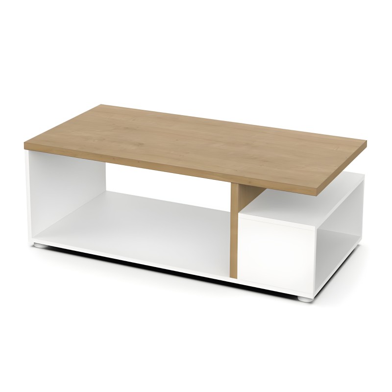 Mesa de centro con tablero en madera natural y base blanca con compartimentos de almacenamiento