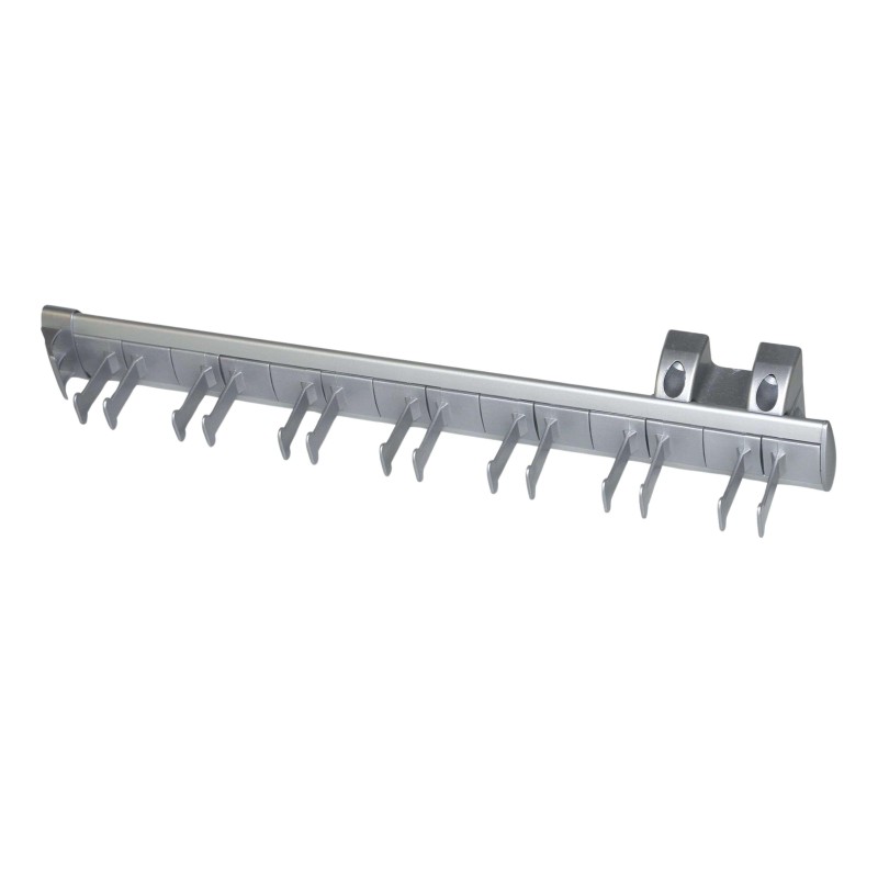 Perchero de pared en aluminio gris con múltiples ganchos de metal y soportes de fijación