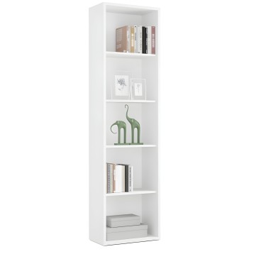 Estantería blanca vertical de seis compartimentos con libros y decoración