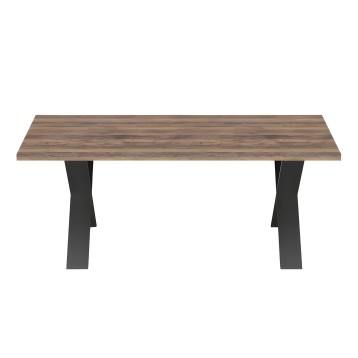 Mesa rectangular de madera con veta natural y patas negras metálicas en forma de X
